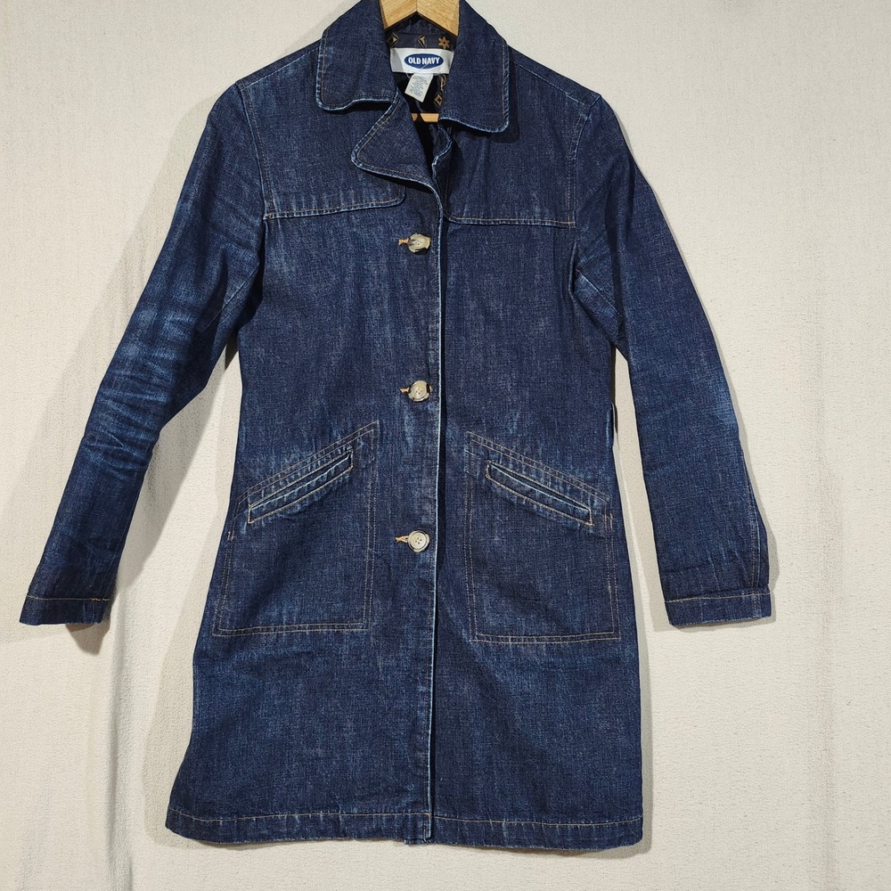 Old Navy Womens Small Denim Trench Coat Dark Wash Button Front Lined Car Coat
